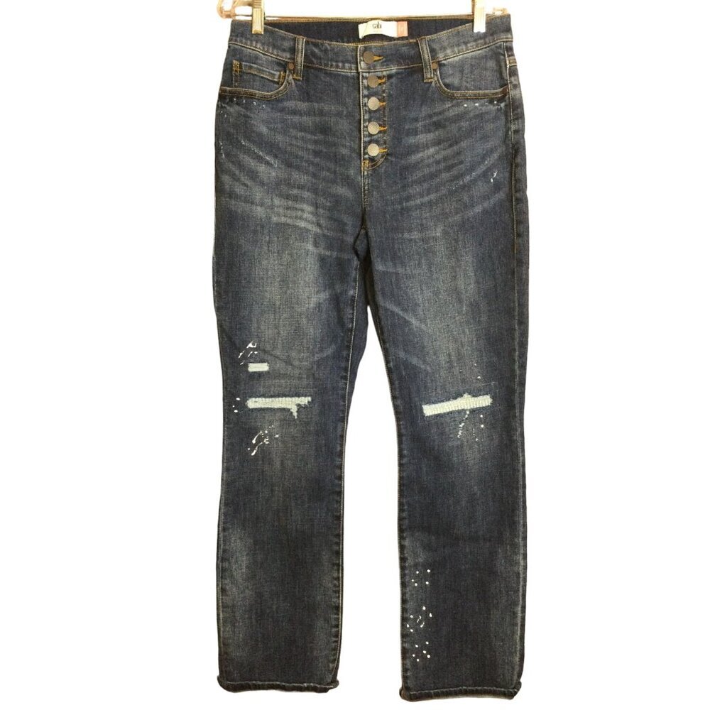 Cabi Women's Denim Button Fly Straight Jeans Distressed Dark Wash Blue Size 10